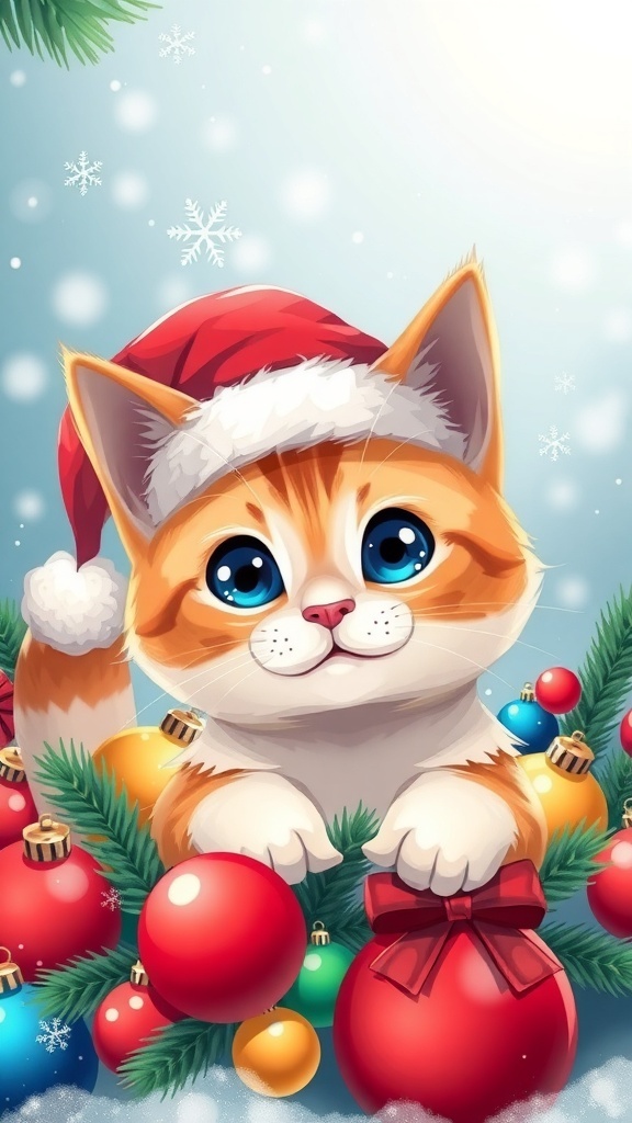 Christmas Cat Profile Picture Recipe A cute cat in a Santa hat with Christmas ornaments in a snowy background for a profile picture.